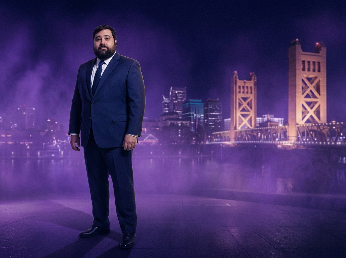 Brandon Muse, Summit Force field officer, in a suit on the Sacramento riverfront at night
