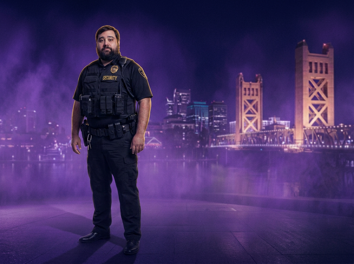 Brandon Muse in a black tactical vest and duty gear on the Sacramento riverfront at night